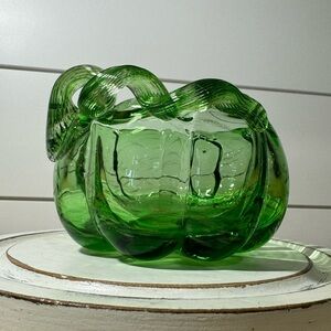 Green Gold Swirl Art Glass Pumpkin Planter Candle Holder with Twisted Vine